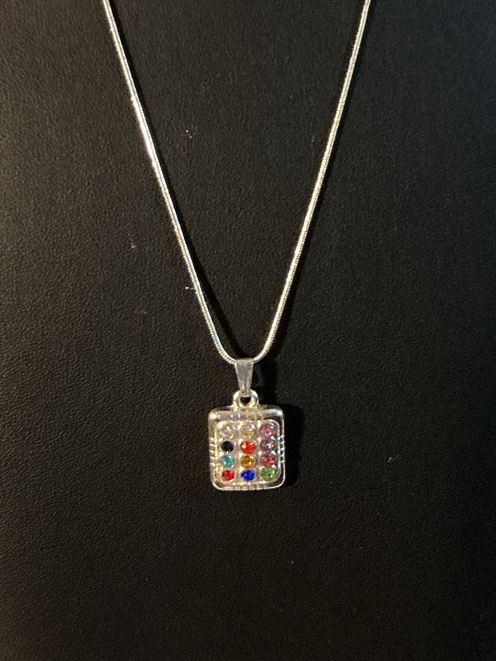 12 Month Birthstones Plaque Rhinestone Silver Tone Pendant Necklace